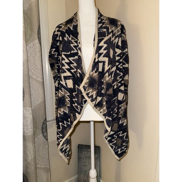 Lucy Brand Open Cardigan Aztec Western Country S Beige Blue Light Lace look - Picture 2 of 13